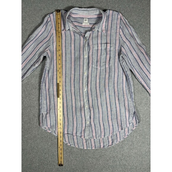 Gap Blue Pink Boyfriend Shirt Striped Linen Women Relaxed Coastal Button Up Sz M - Picture 2 of 9